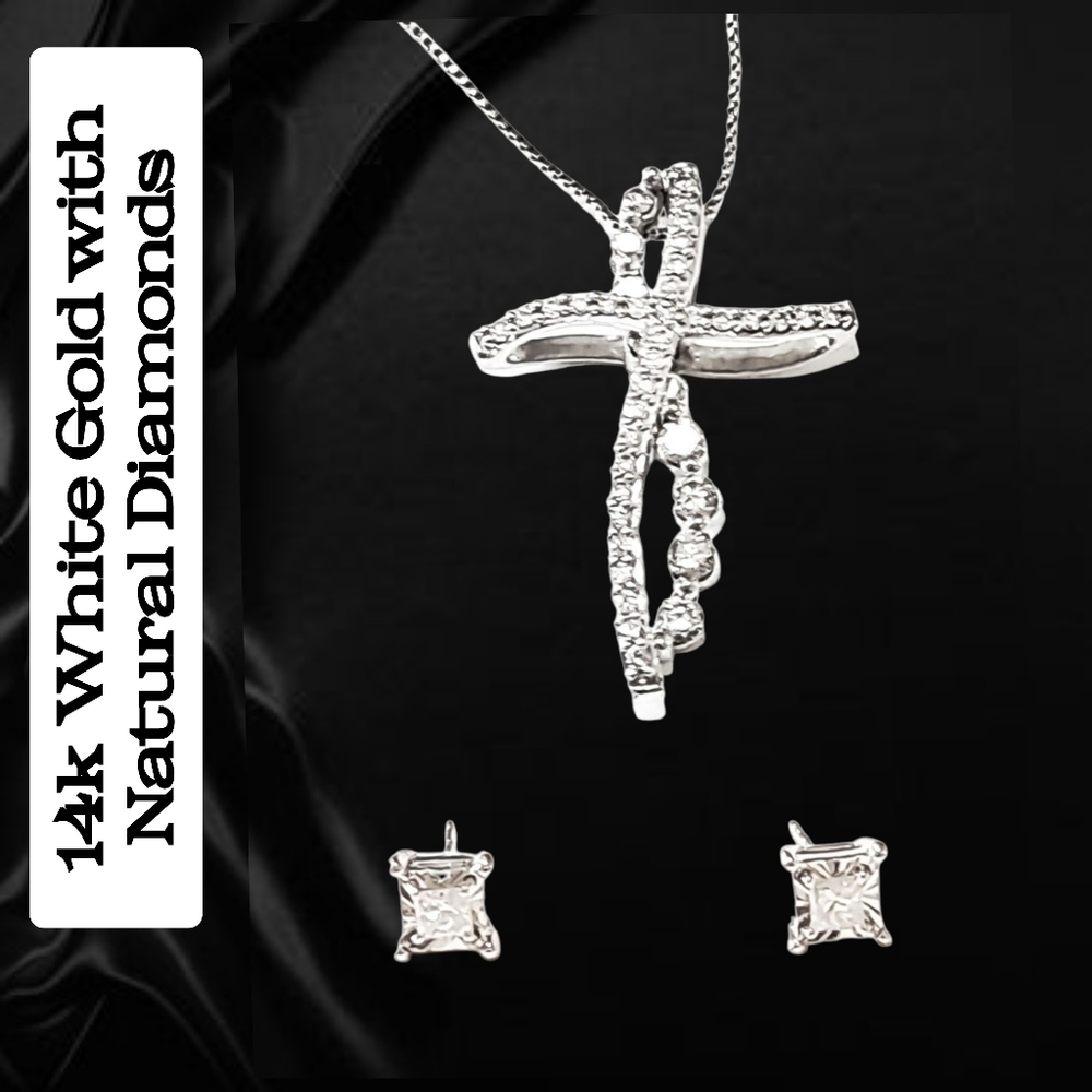 14K White Gold Convertible Cross Pendant with Natural Diamonds & Stud Earring